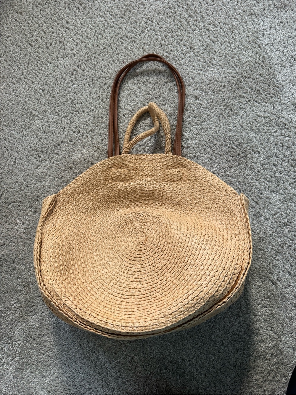 Round Woven Straw Shoulder Bag with Brown Handles